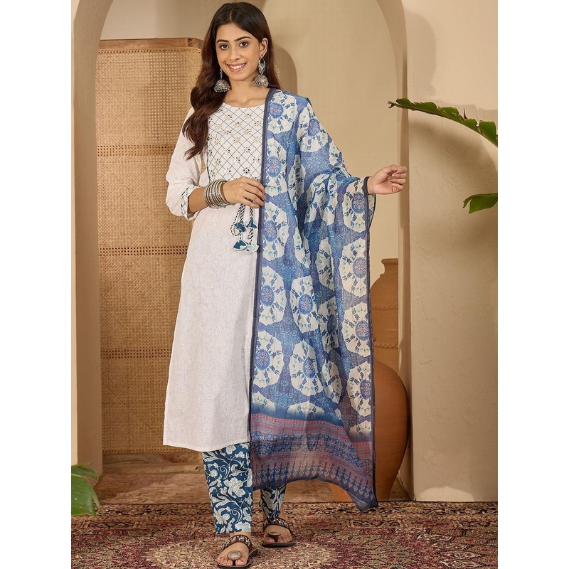 Sangria Yoke Design Mirror Work Pure Cotton Kurta With Trousers & Dupatta