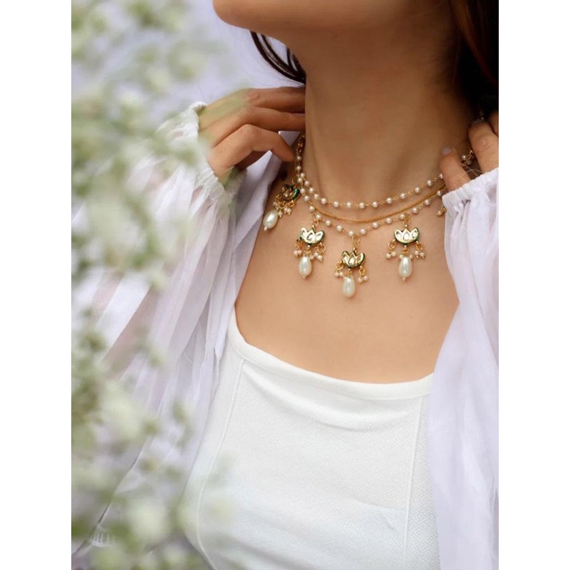 Sanjog Gold-Plated Kundan-Studded & Baroque Pearl drops Beaded Jewellery Set