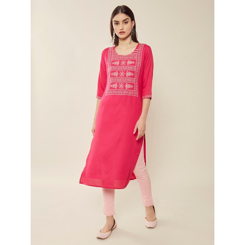 Soch Women Pink & White Ethnic Motifs Yoke Design Thread Work Kurta
