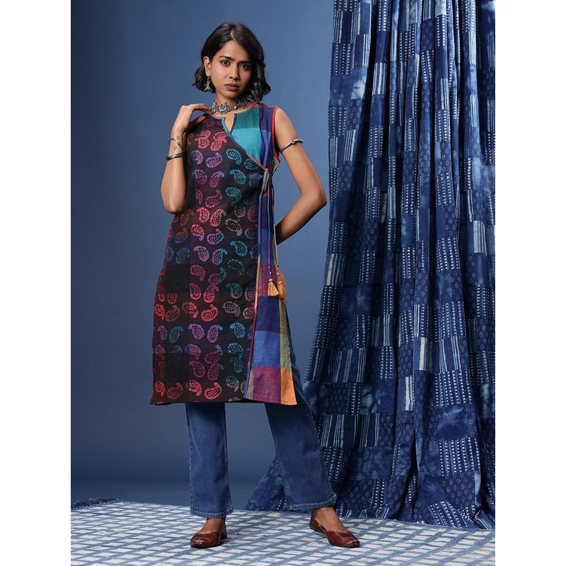 Taavi Pure Cotton Paisley Printed Angrakha Style Batik Crafted Kurta