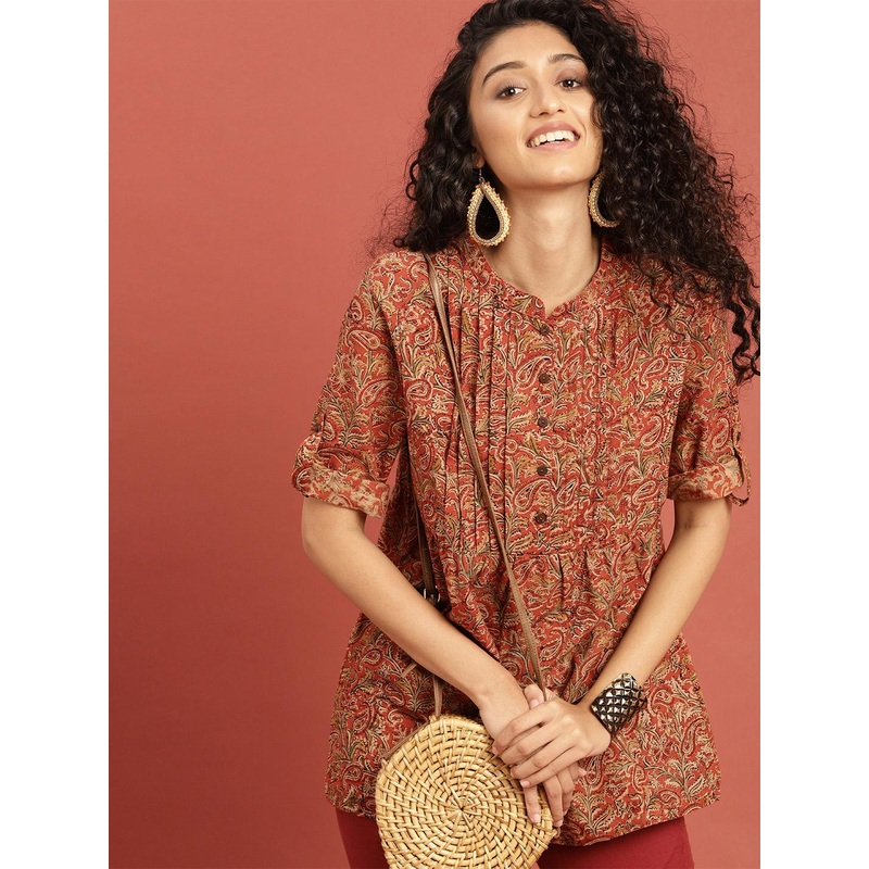 Taavi Women Rust Orange Kalamkari Hand Block Printed Pleated A-line Pure Cotton Top