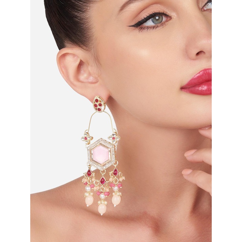 Zaveri Pearls Gold-Plated Kundan Studded & Beaded Contemporary Drop earrings