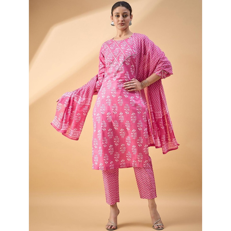 all about you Floral Printed Pure Cotton Straight Kurta With Trouser & Dupatta