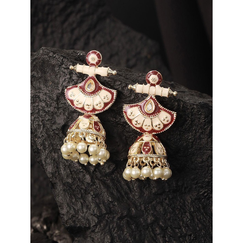Anouk Gold Plated Artificial Stones Studded And Beaded Dome Shaped Jhumkas