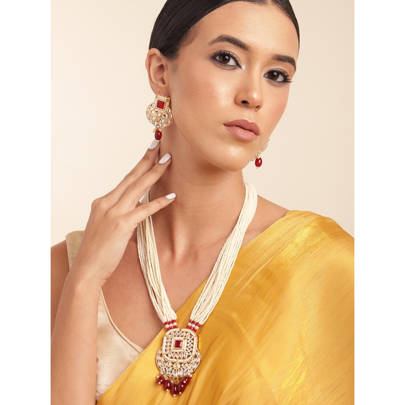 Anouk Gold Plated Kundan Studded Beaded Premium Layered Necklace Earring Set