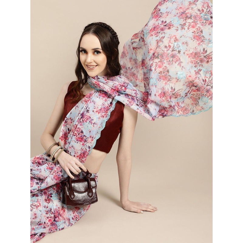 Anouk Rustic Floral Printed Embroidered Border Pure Linen Saree