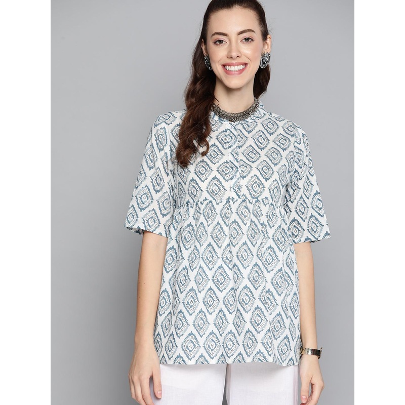 HERE&NOW Blue & White Ethnic Motifs Print Pure Cotton Short Kurti