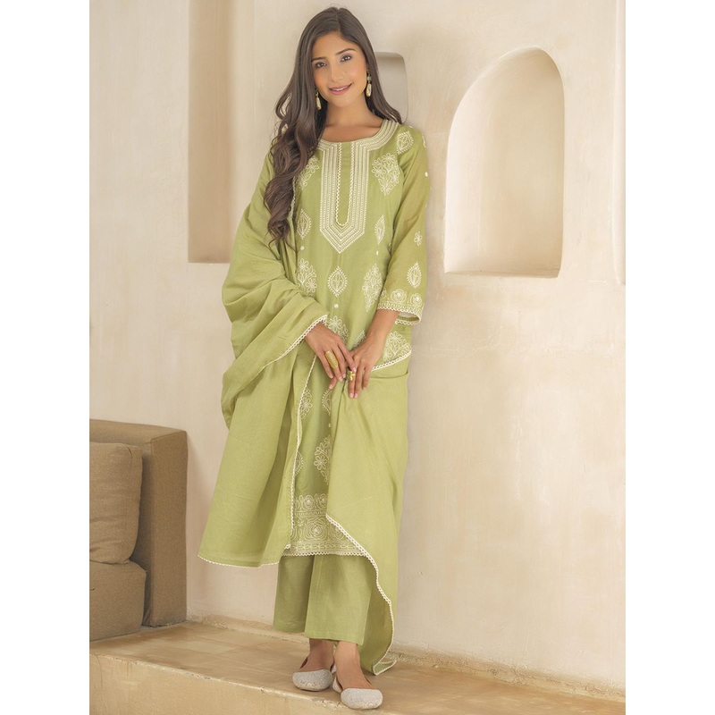 House of Pataudi Ethnic Motifs Embroidered Pure Cotton Straight Kurta Trousers & Dupatta