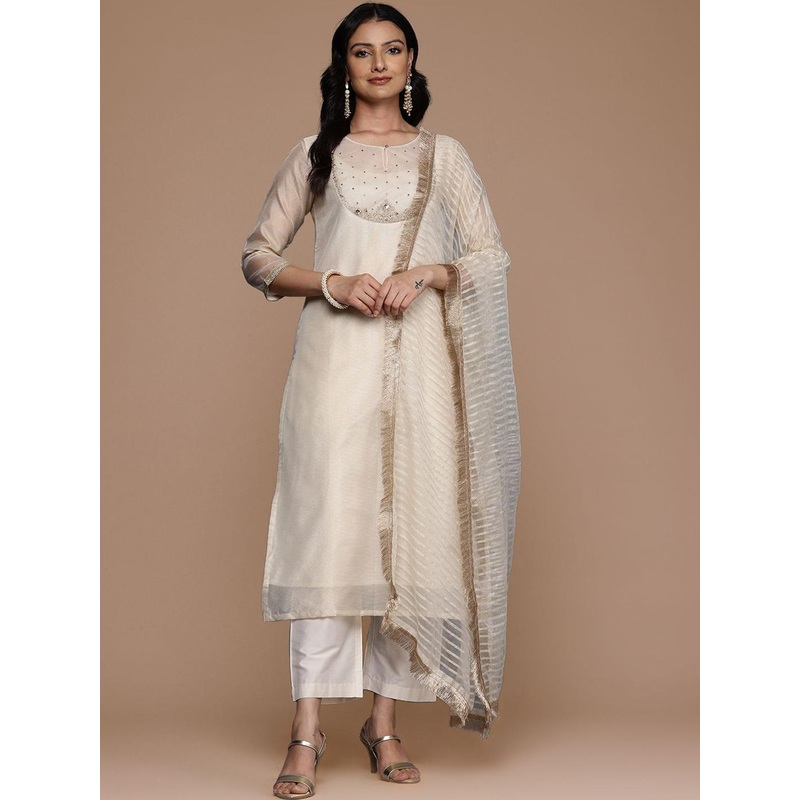 House of Pataudi Floral Yoke Design Zari Straight Kurta & Trousers With Dupatta