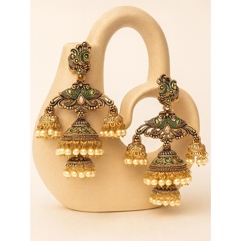 KARATCART Green & Gold-Toned Contemporary Jhumkas Earrings