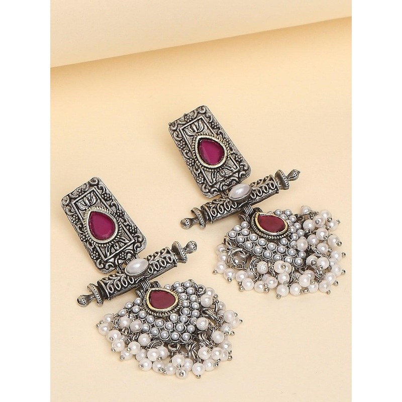 OOMPH Stone-Studded Beaded Oxidised Drop Earrings