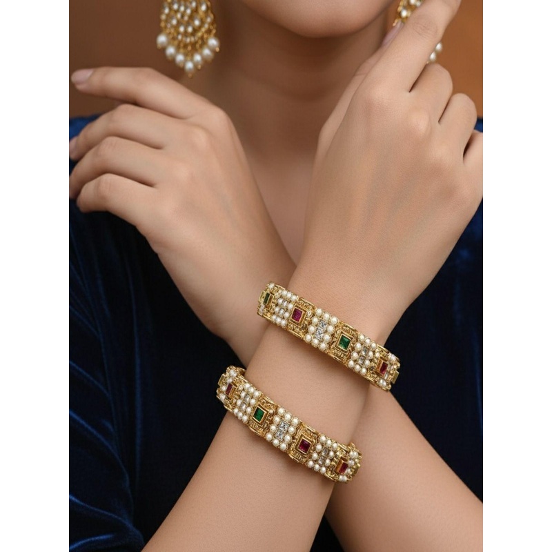 PANASH Set of 2 24K Gold-Plated Ruby & Emerald Stone-Studded & Beaded Bangles