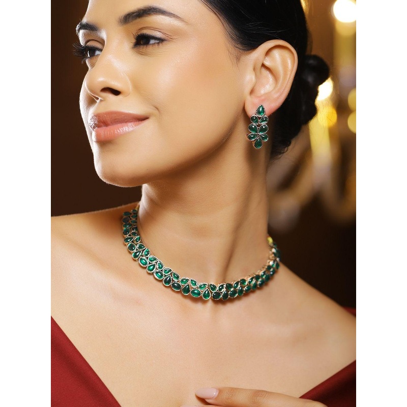 Rubans 22K Gold-Plated Emerald Green Kundan Studded Floral Cluster Necklace Set