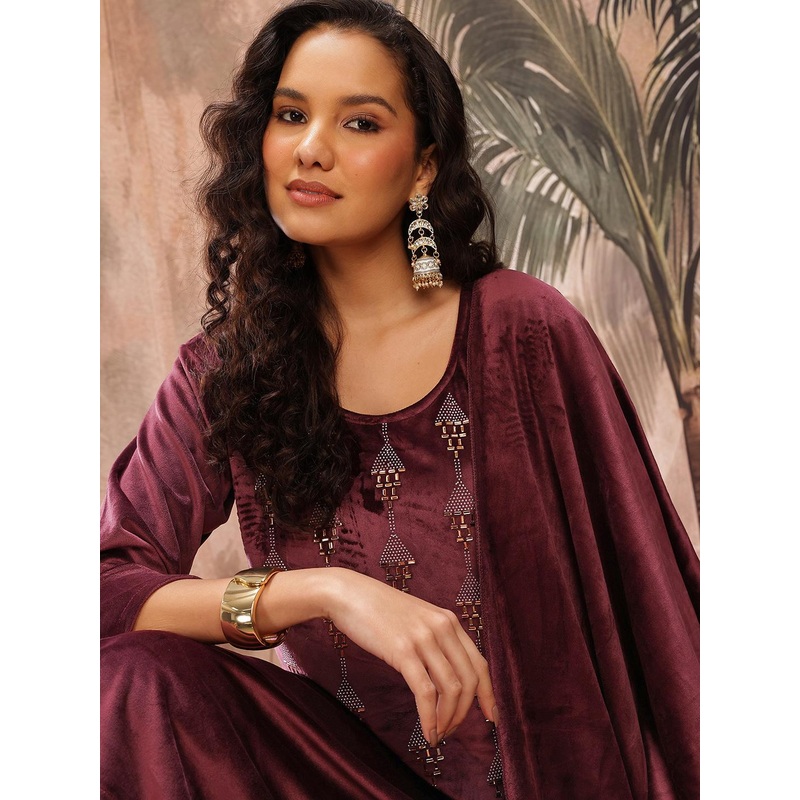 Sangria Yoke Design Pure Wool Kurta with Trousers & Dupatta