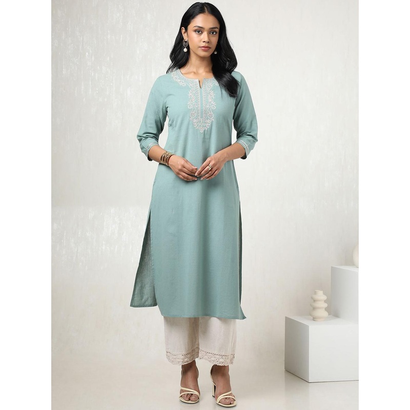 Soch Floral Yoke Design Notch Neck Thread Work Straight Kurta
