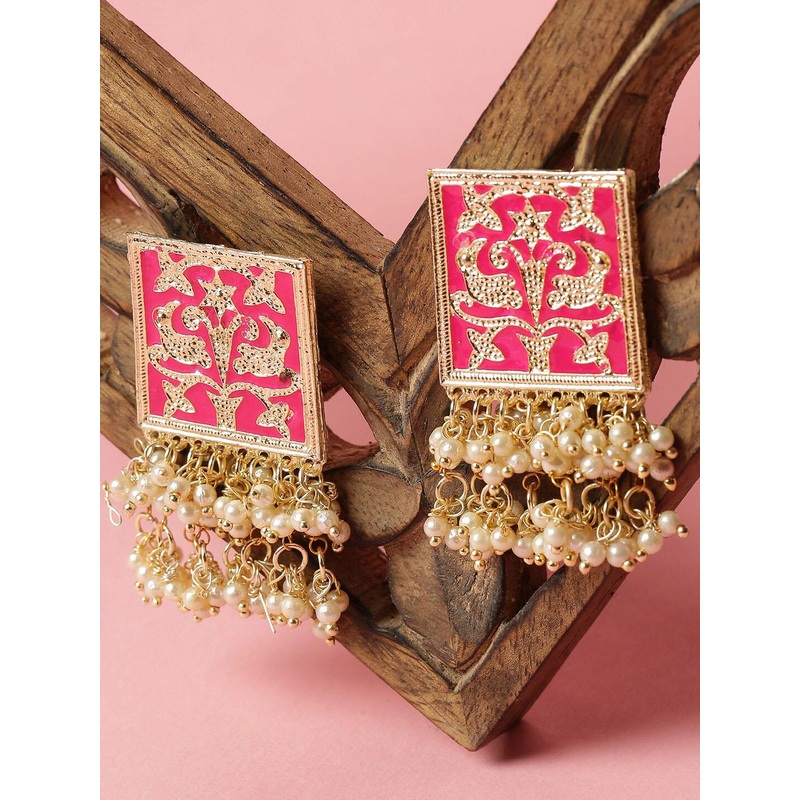 SOHI Pink & Gold-Plated Meenakari Pearl Contemporary Studs Earrings