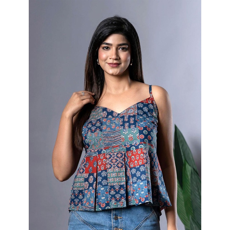The Roadster Lifestyle Co Ethnic Printed Sleeveless Pure Cotton Peplum Crop Top