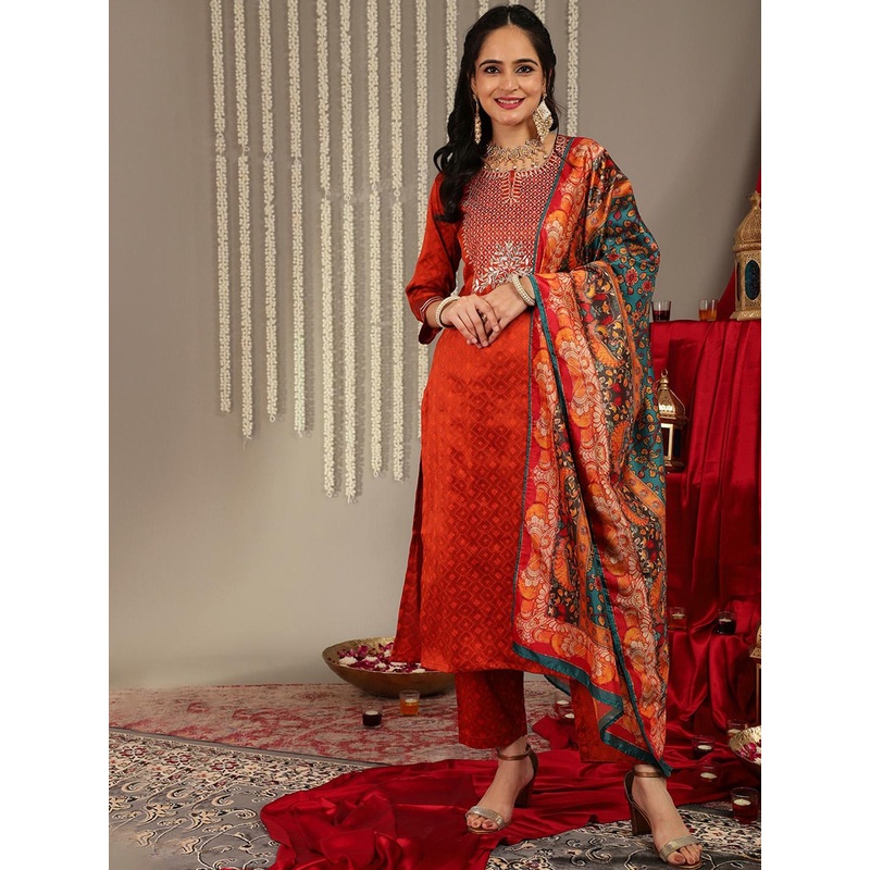 Varanga Ethnic Motif Embroidered Regular Kurta With Trousers & Dupatta