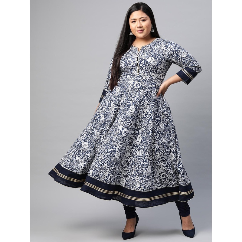 YASH GALLERY Women Plus Size Navy Blue & White Printed Anarkali Kurta