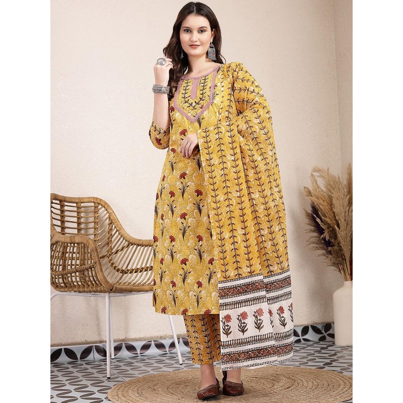Yufta Women Floral Embroidered Regular Pure Cotton Kurta with Trousers & With Dupatta