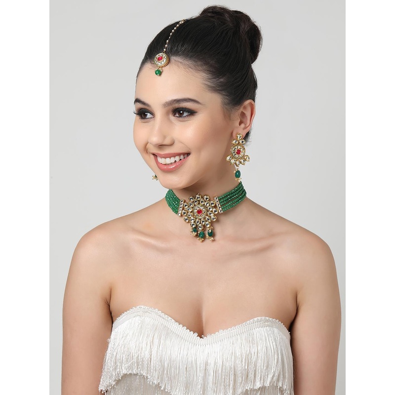 Zaveri Pearls Gold-Plated White & Green Kundan-Studded & Crystal Beaded Jewellery Set