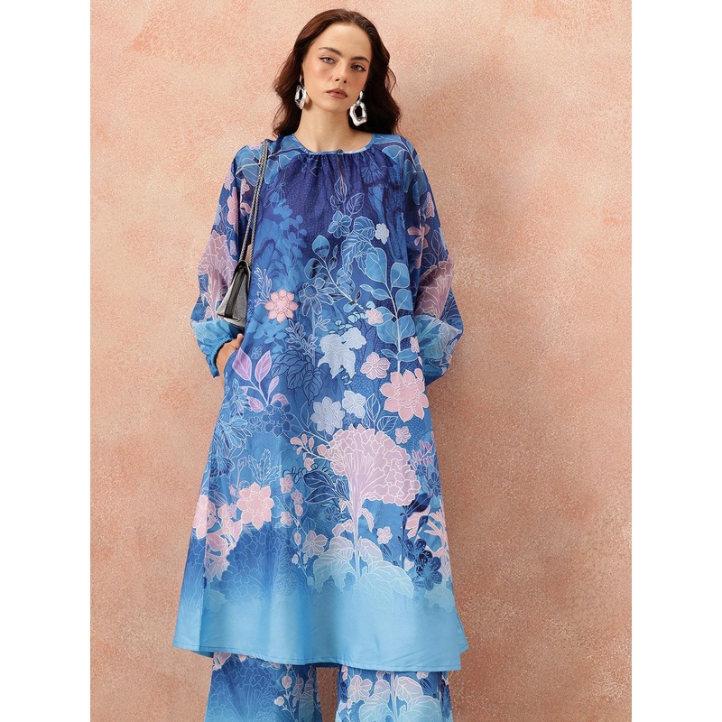 all about you Floral Printed Keyhole Neck A-Line Kurta with Palazzos