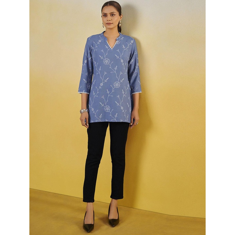 Anouk Floral Embroidered Mandarin Collar Liva Straight Kurta