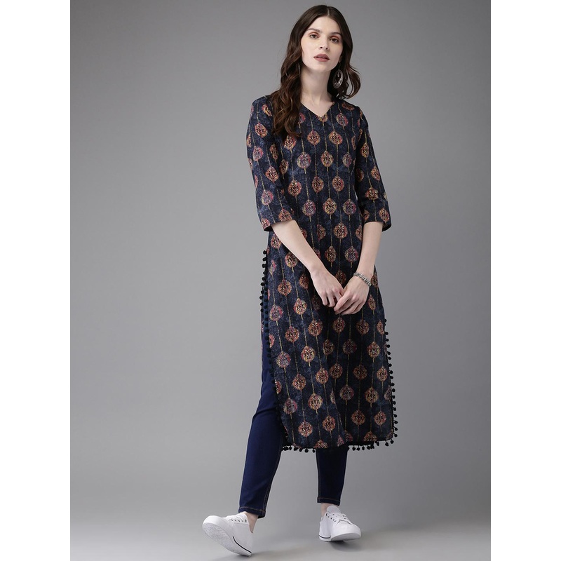Anouk Women Navy Blue Printed Straight Kurta