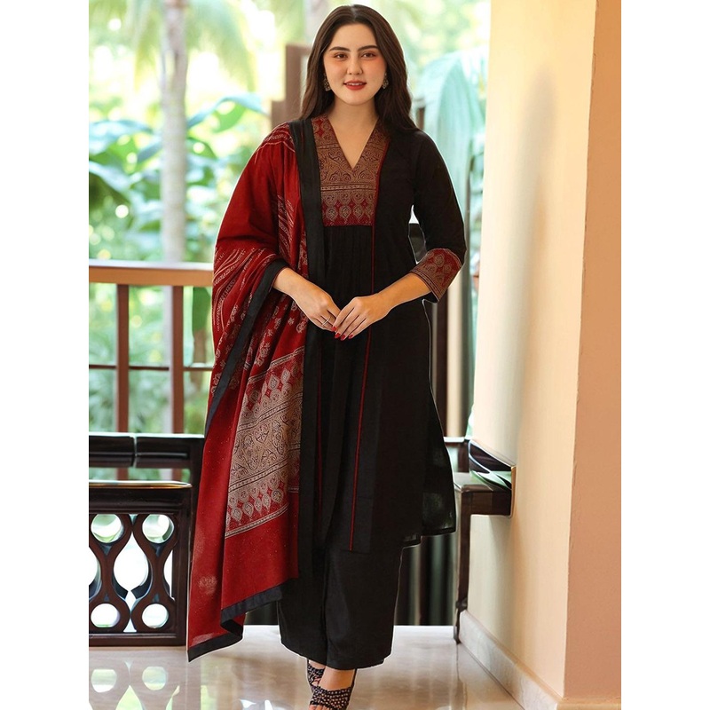 GoSriKi Floral Yoke Design V-Neck Straight Kurta With Palazzos & Dupatta