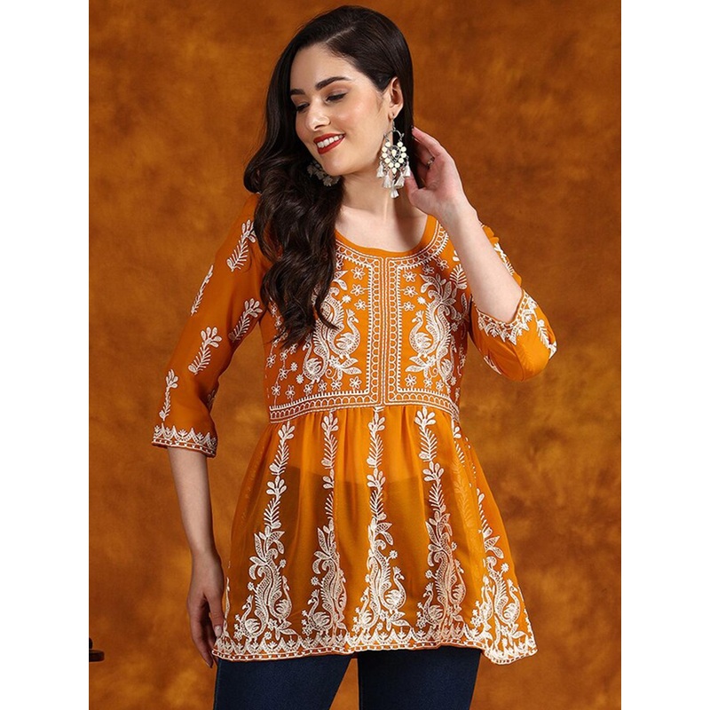 HERE&NOW Embroidered Chikankari Georgette Short Kurti
