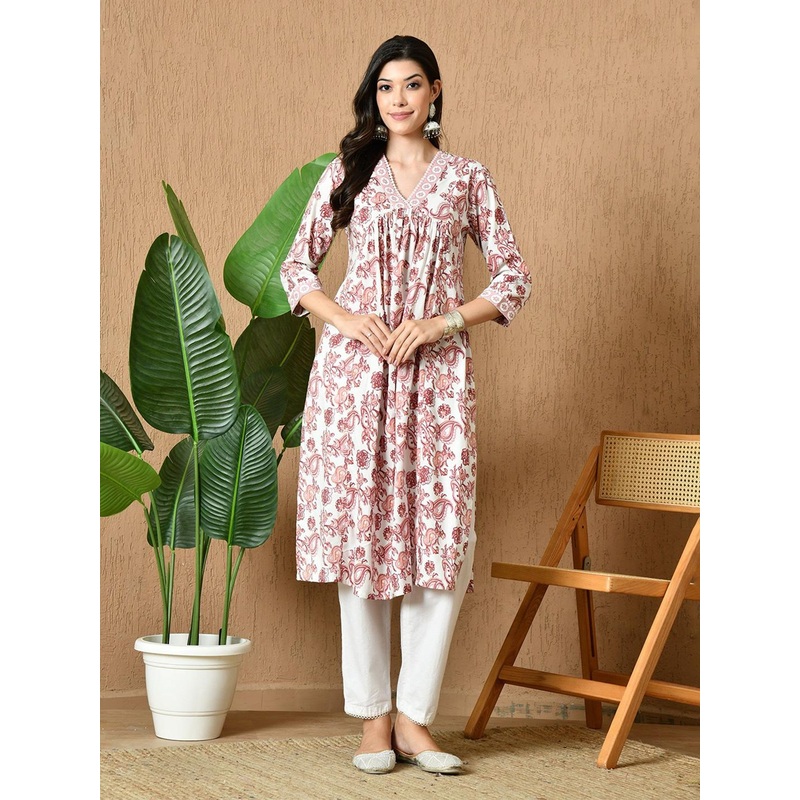 HERE&NOW Paisley Printed V Neck A Line Pleated Kurta