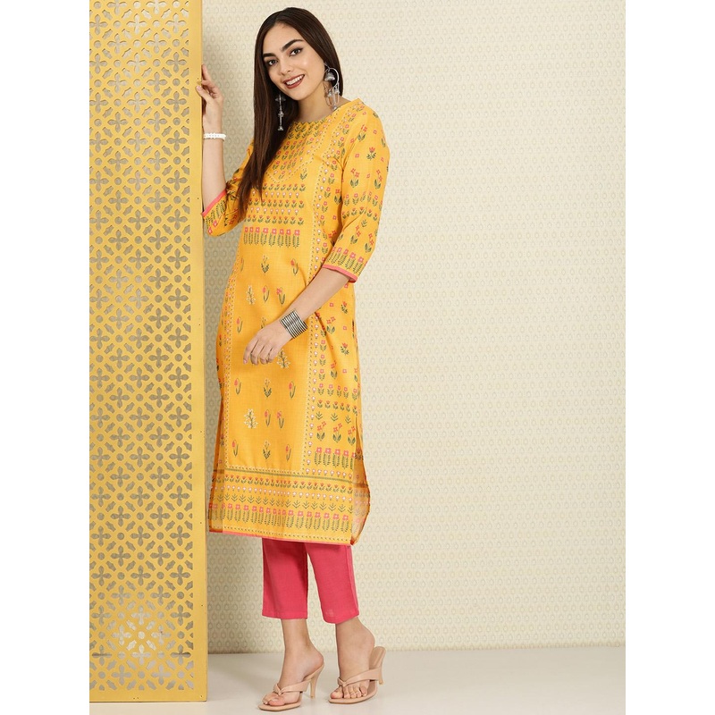 House of Pataudi Women Yellow & Pink Floral Printed Rozana Kurta