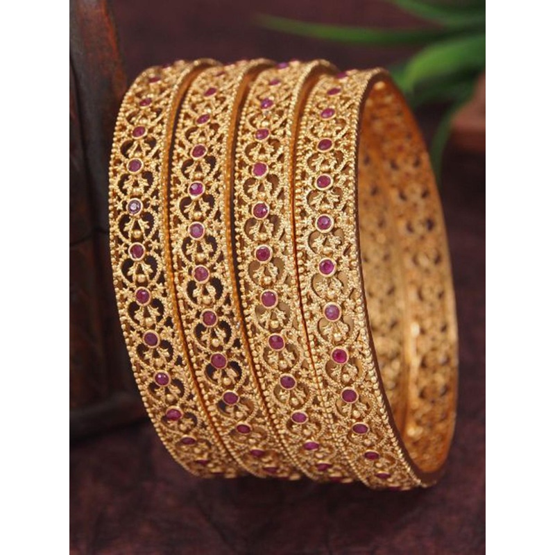 KARATCART Set Of 4 Gold-Plated Pearl-Studded Bangles