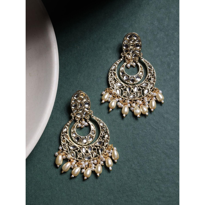 PANASH Gold-Plated Artificial Stones Studded and Beaded Contemporary Shaped Drop Earrings