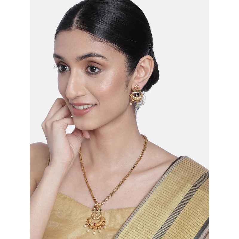 Peora Gold Plated South Indian Traditional Pendant with Chain Earrings Jewellery