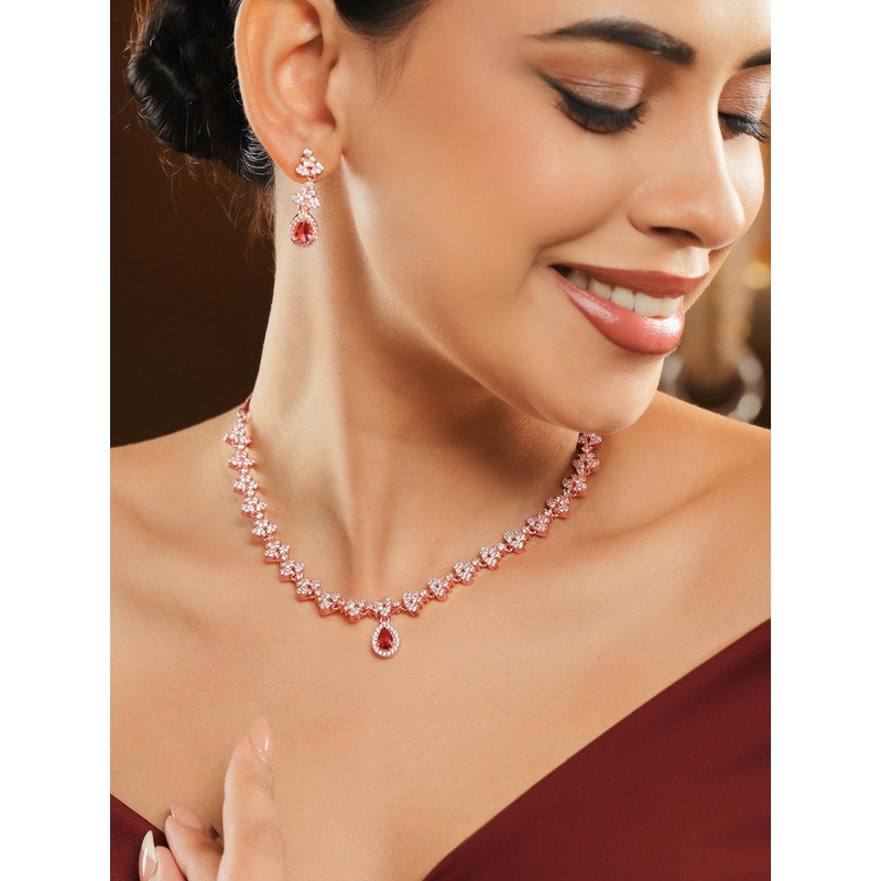 Rubans 22K Rose Gold-Plated Ruby Pink Teardrop & White Cubic Zirconia Studded Necklace Set