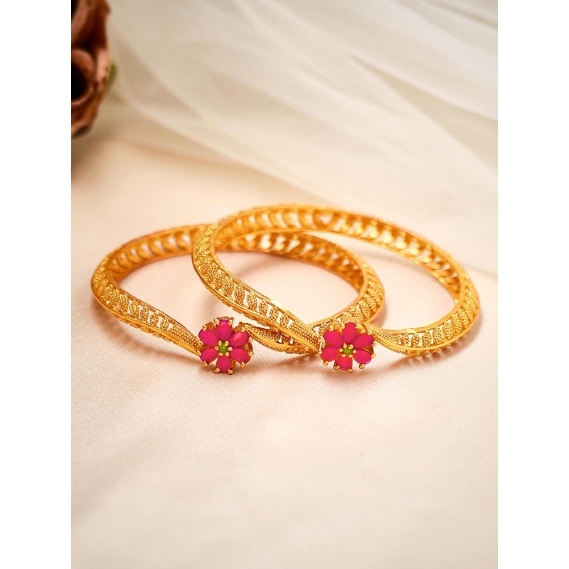 Rubans Set Of 2 Gold-Plated & Pink Stone-Studded Bangles