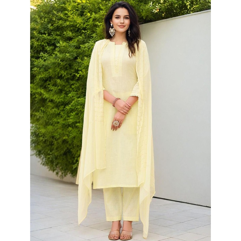 SZN Linen Notch Neck Straight Kurta With Trousers And Dupatta