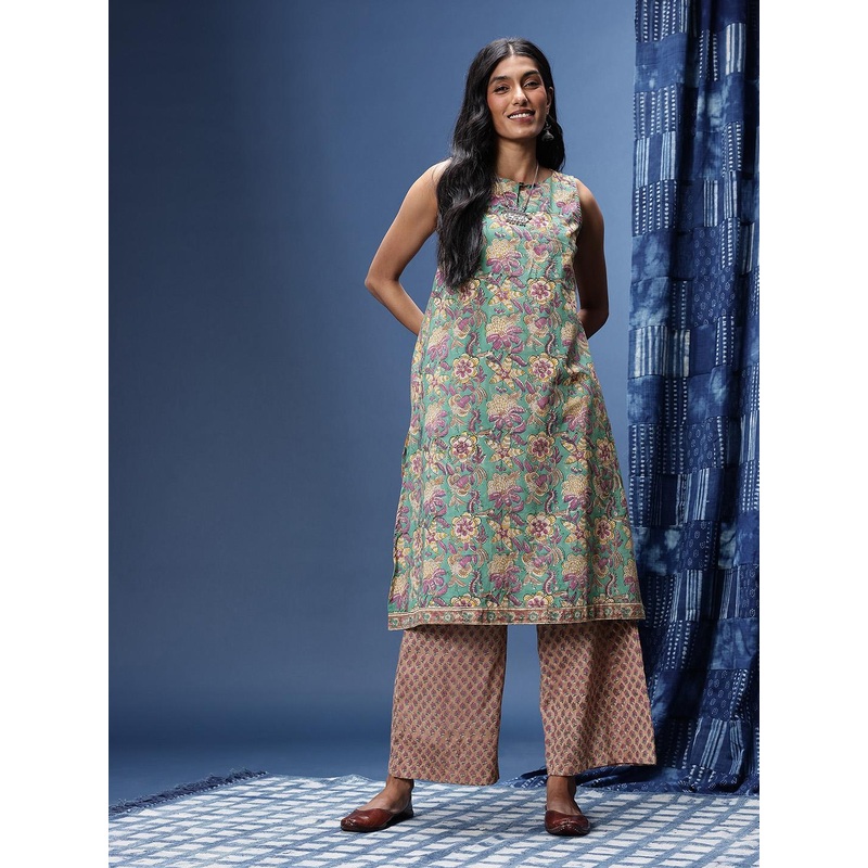 Taavi Floral Printed Pure Cotton Sanganeri A-Line Kurta with Palazzos