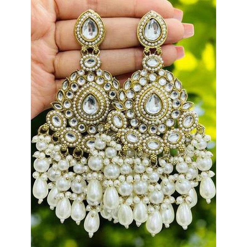 THE OSTRICH COLLECTION Gold-Plated Stones Studded & Beaded Chandbalis