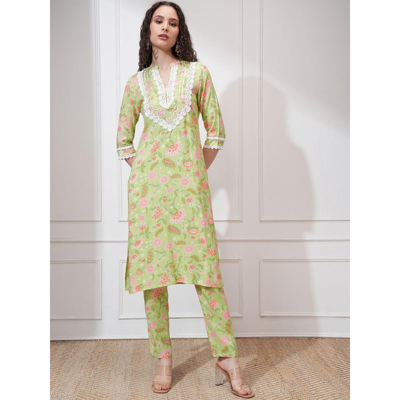 Vishudh Women Lime Printed Mandarin Collar Straight Kurta with Elasticated Trousers