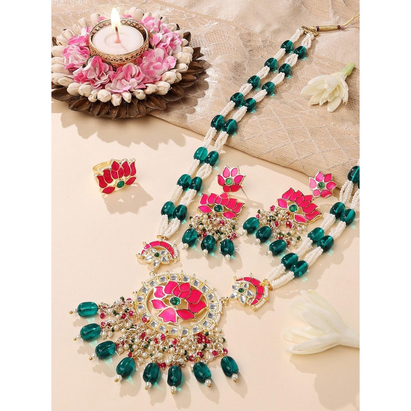 Zaveri Pearls Gold-Plated & Pink Stone-Studded & Beaded Jewellery Set