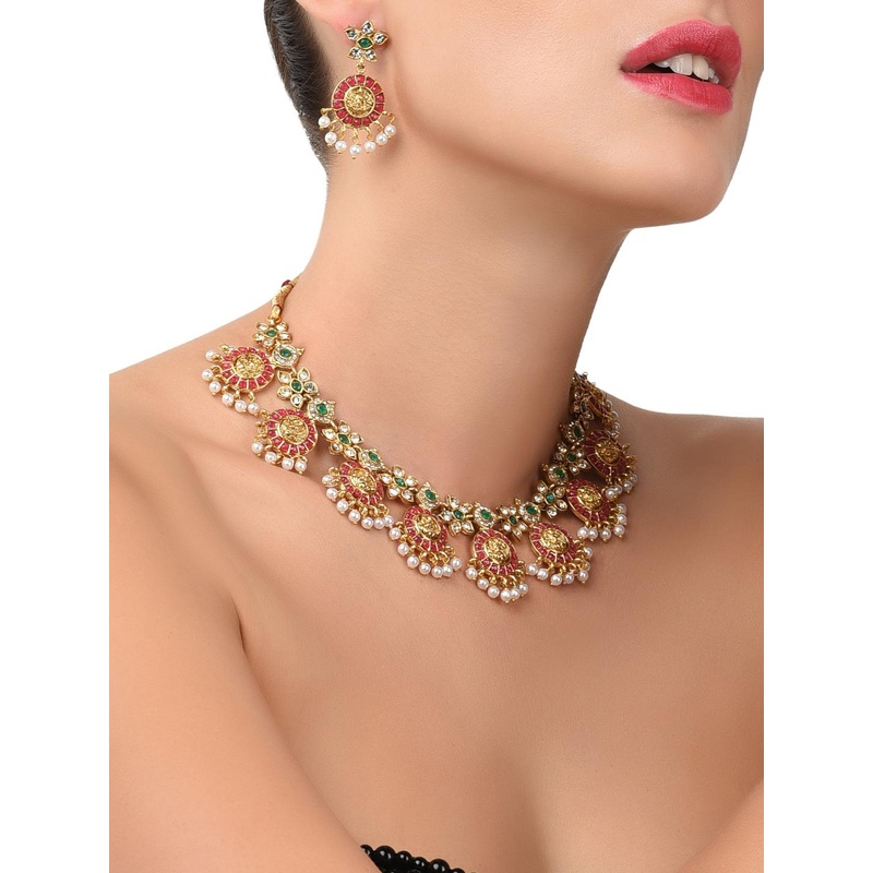 Zaveri Pearls Gold-Toned & Pink Traditional Jewellery Set