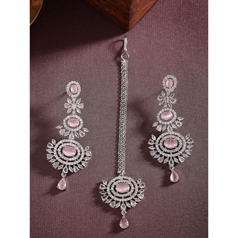 Aazeen Rhodium-Plated AD Studded Maang Tikka With Dangle Drop Earrings