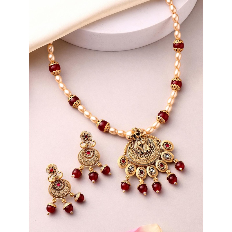 ADIVA 18K Gold-Plated Lord Krishna Pearls & Stone Studded JewellerySet