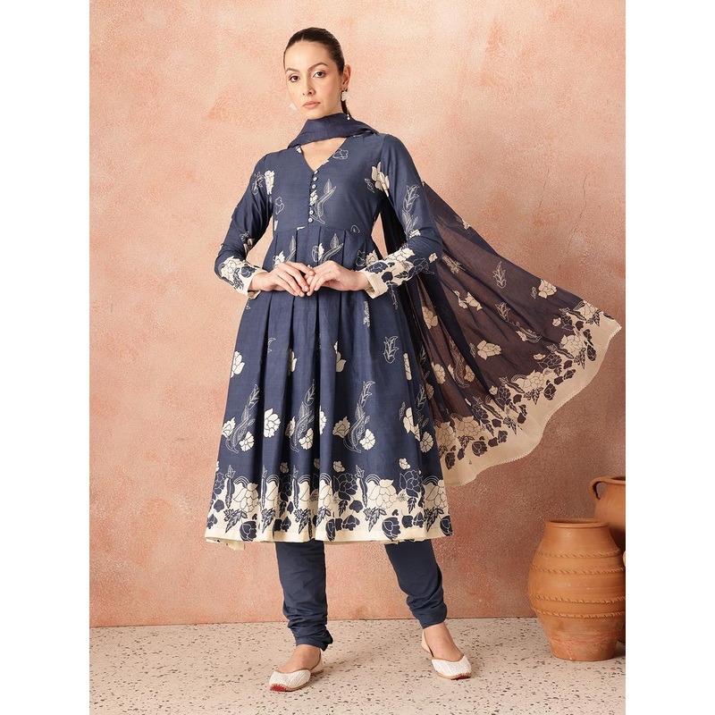all about you Women Floral Print Pleated Pure Cotton Kurta with Churidar & Dupatta