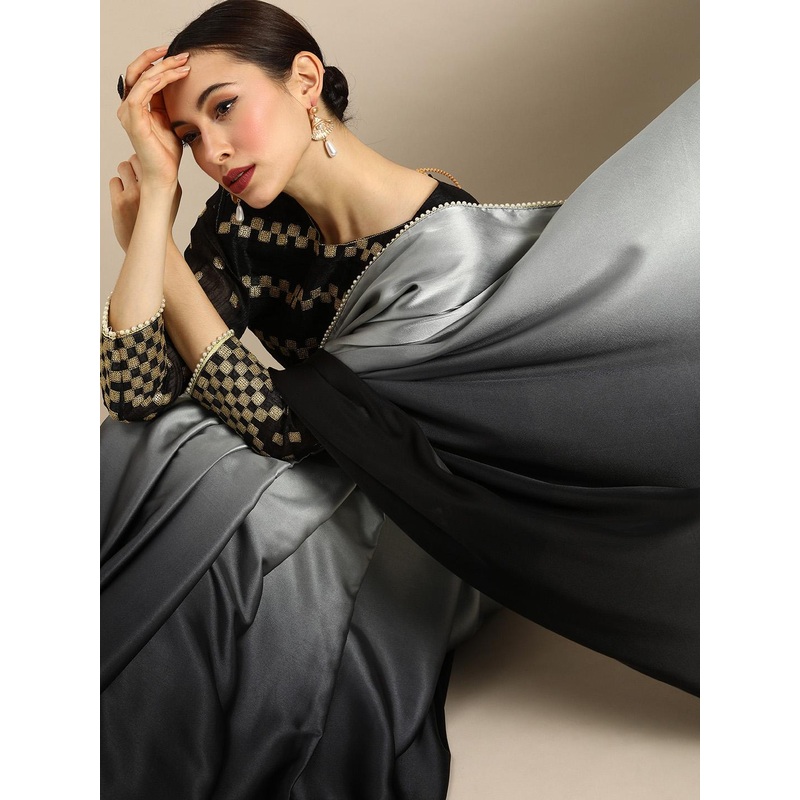 Anouk Black & Grey Satin Colourblocked Saree