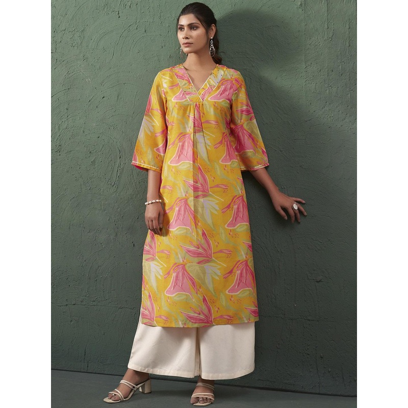Anouk Floral Printed Beads and Stones Pleated Cotton Straight Kurta