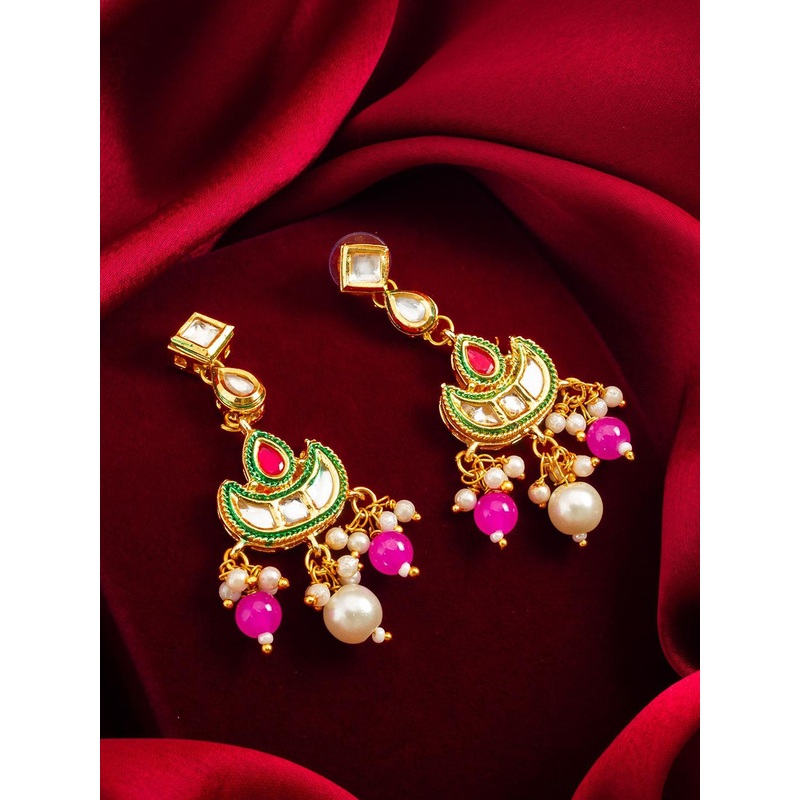 Anouk Gold-Plated Kundan Studded & Pearls Beaded Contemporary Drop Earrings
