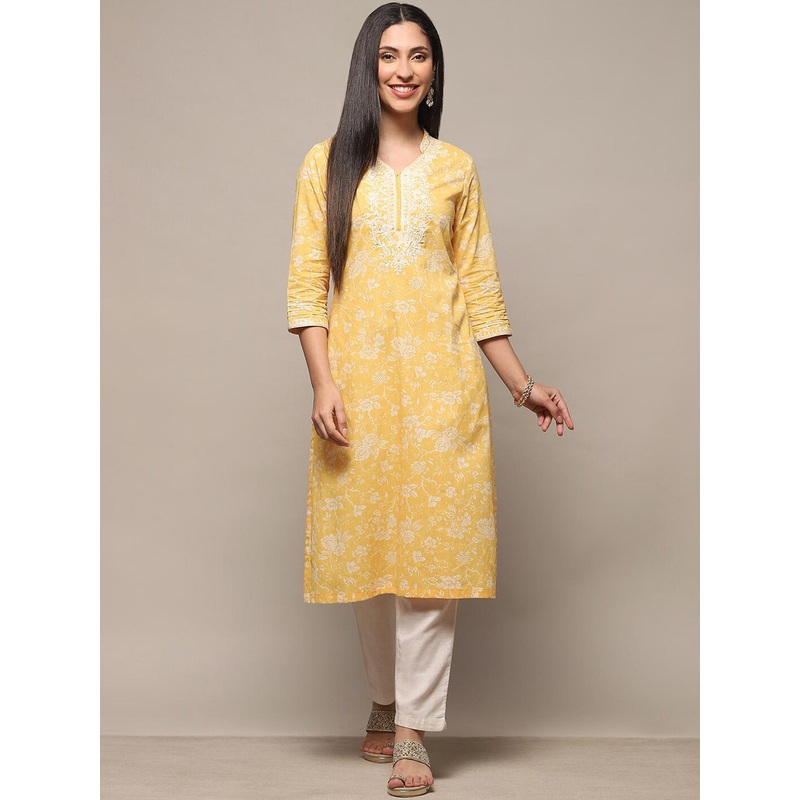 Biba Ethnic Motifs Embroidered Sequined Pure Cotton Straight Kurta